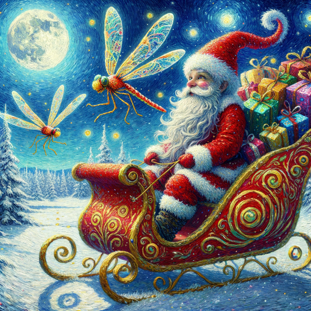 Santa Claus in a sleigh surrounded by gifts and dragonflies