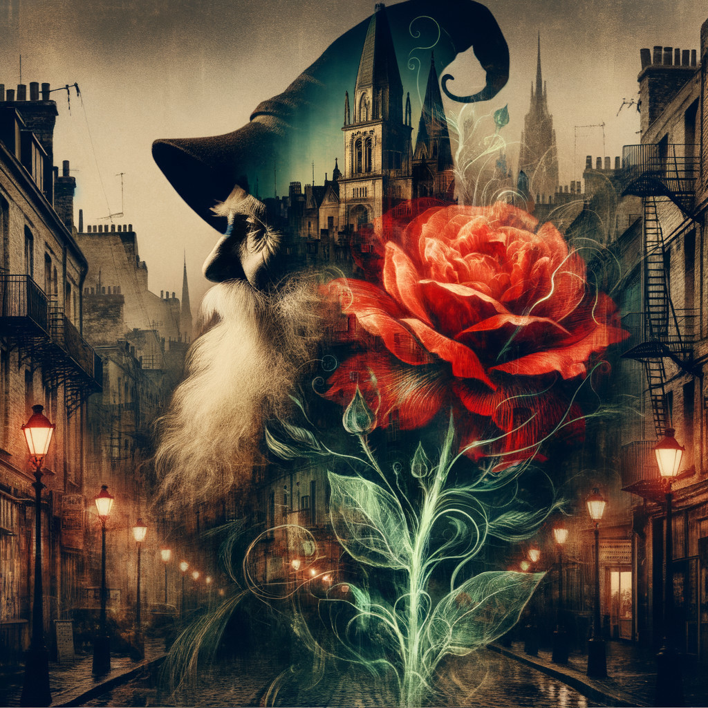 Whimsical Portrait of Bearded Figure in Mystic Cityscape