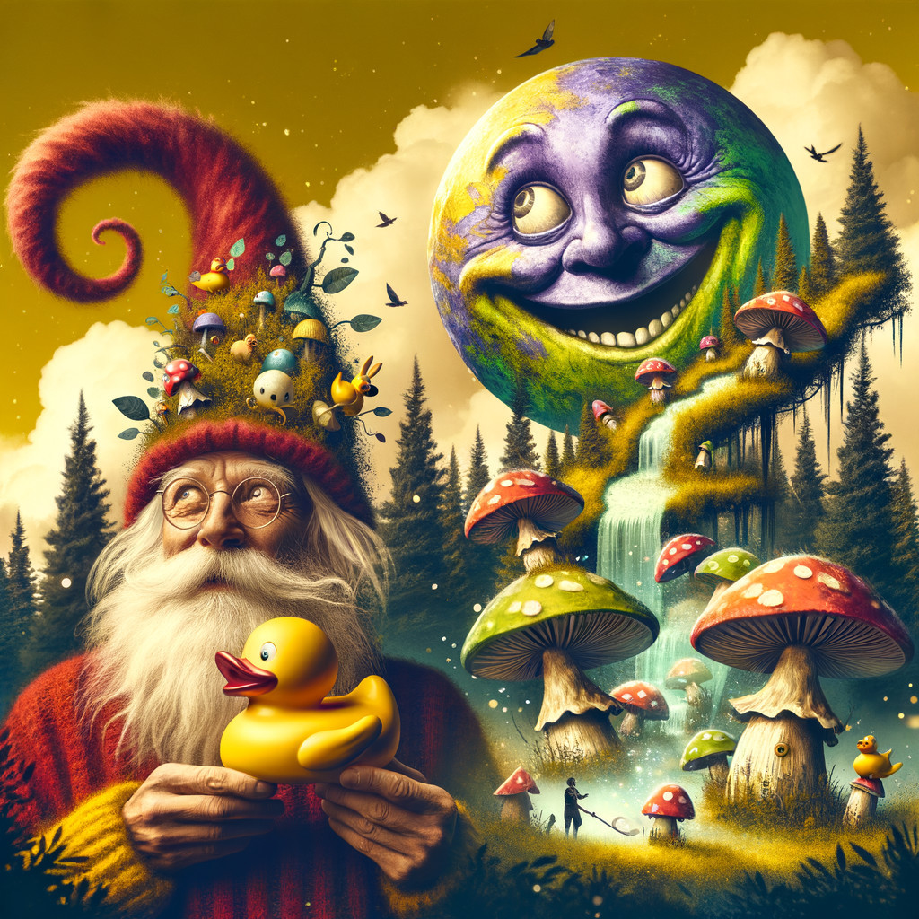 Whimsical Scene with Bearded Man and Rubber Duck
