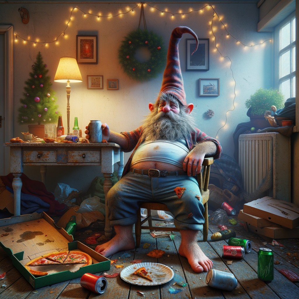 Gnome in Cozy Room with Holiday Decorations and Pizza
