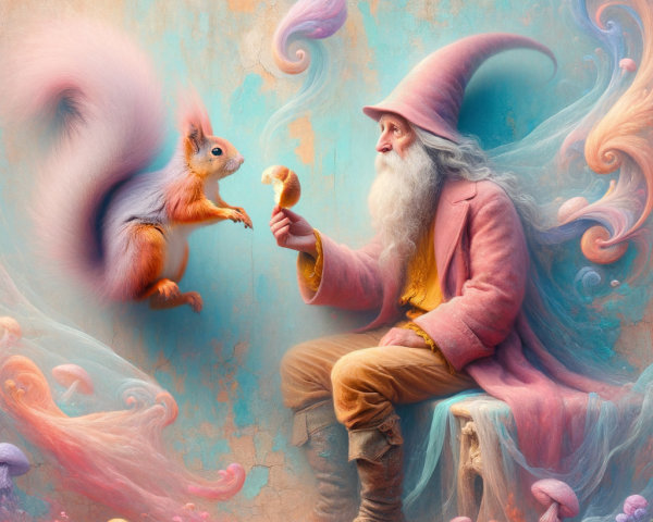 Whimsical Wizard Shares Cookie with Playful Squirrel