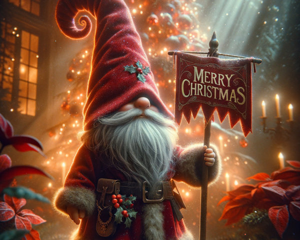 Christmas Gnome with Banner and Twinkling Tree