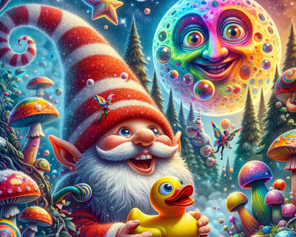 Whimsical Gnome in Colorful Mushroom Landscape