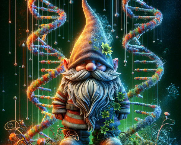 Whimsical Gnome Surrounded by Colorful DNA Strands