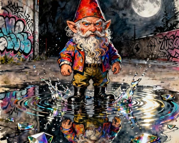 Watercolor Painting of a Gnome in a Puddle
