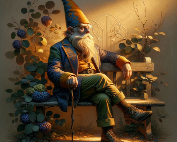 Whimsical gnome on a bench in a serene garden