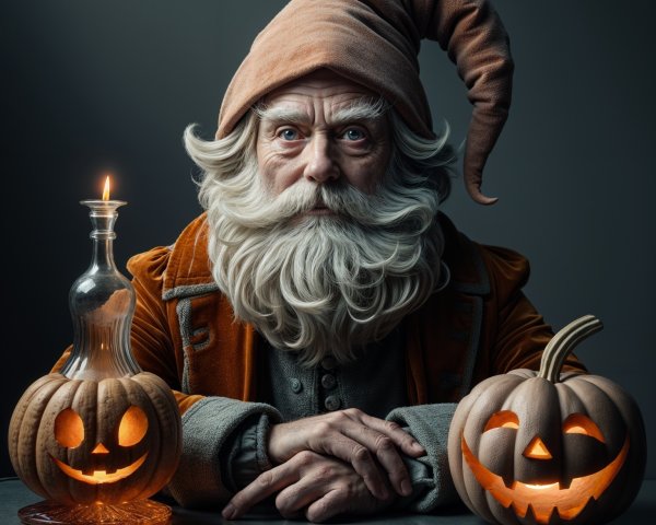 Elderly Man with Jack-o'-Lanterns in Autumn Setting