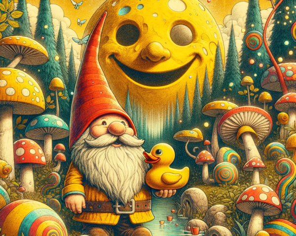 Whimsical Forest Scene with Gnome and Rubber Duck