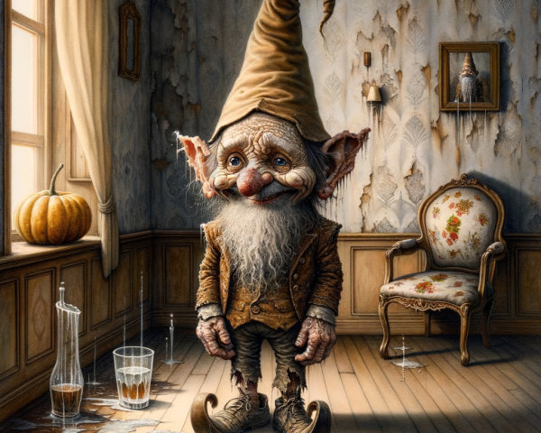 Whimsical Gnome in Vintage Dimly Lit Room
