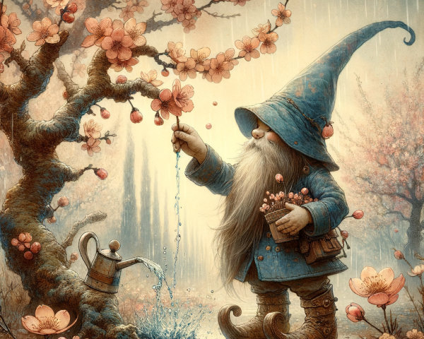 Whimsical Gnome by Flowering Tree in Rainy Landscape