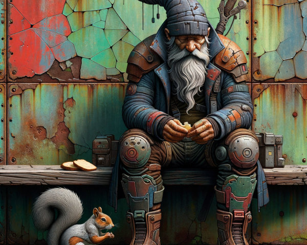 Futuristic Gnome in Armor with Squirrel Companion