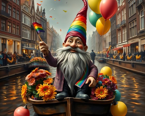 Cheerful gnome with rainbow hat at festive city canal