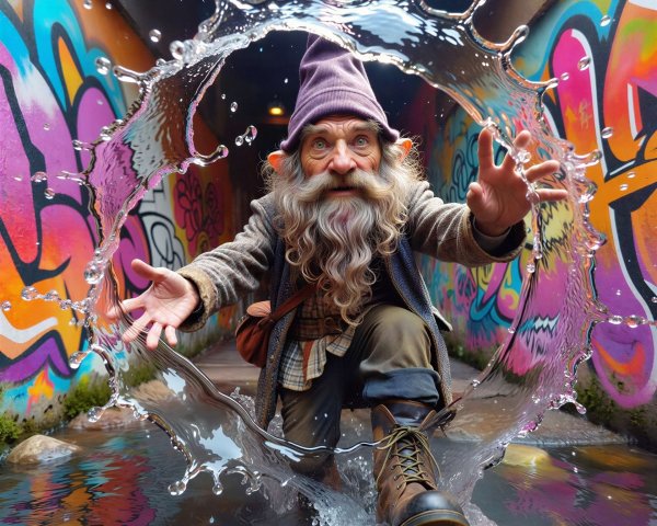 Gnome in Tunnel Surrounded by Colorful Graffiti