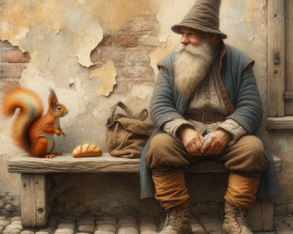Elderly gnome and squirrel share a whimsical moment