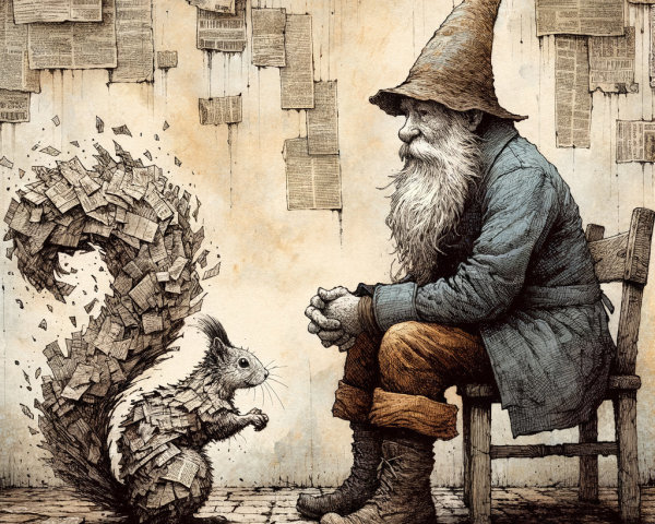 Whimsical Gnome and Quirky Paper Squirrel Scene