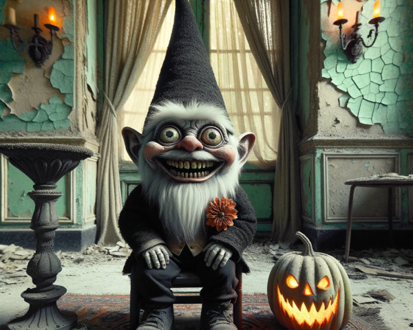 Whimsical gnome in an abandoned room with pumpkin