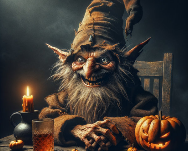 Whimsical Goblin at Rustic Table with Pumpkins and Candle