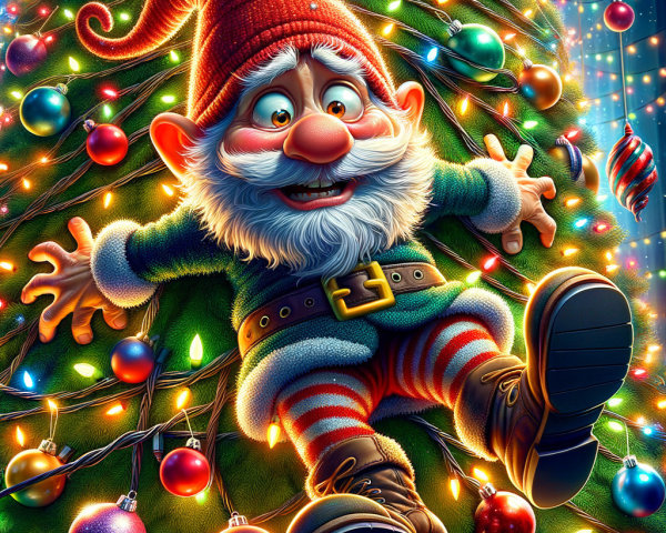 Cheerful Gnome Entangled in Colorful Christmas Tree