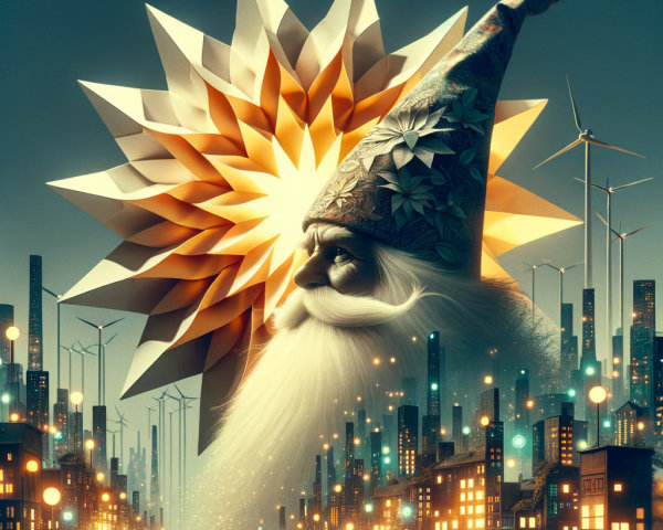 Whimsical Santa-like Figure Amid Wind Turbines and City Lights