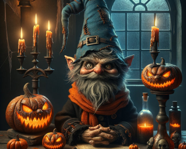 Whimsical Goblin in Eerie Halloween Setting