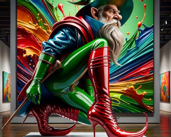 Whimsical Elf Figure in Colorful Gallery Setting