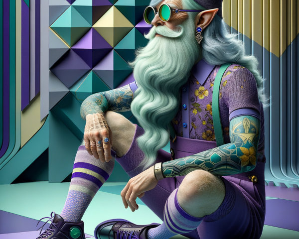 Whimsical Character in Purple Outfit with Tattoos