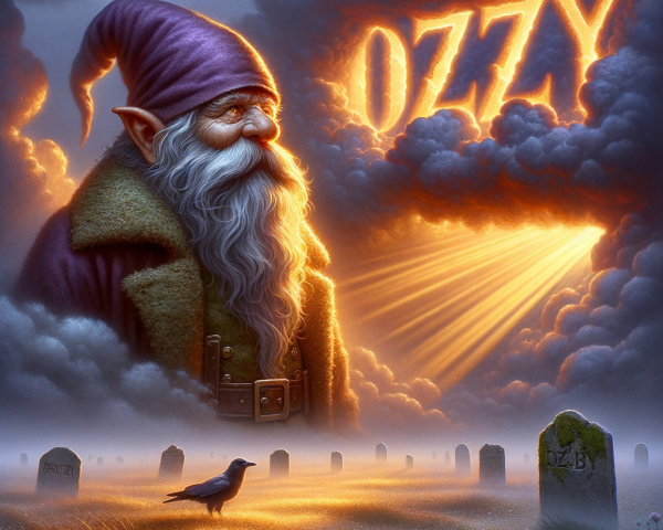 Gnome in Purple Hat Overlooks Foggy Graveyard Scene