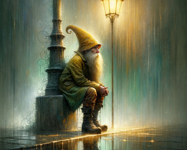 Sad Gnome Under Street Lamp in Fantasy Art Scene