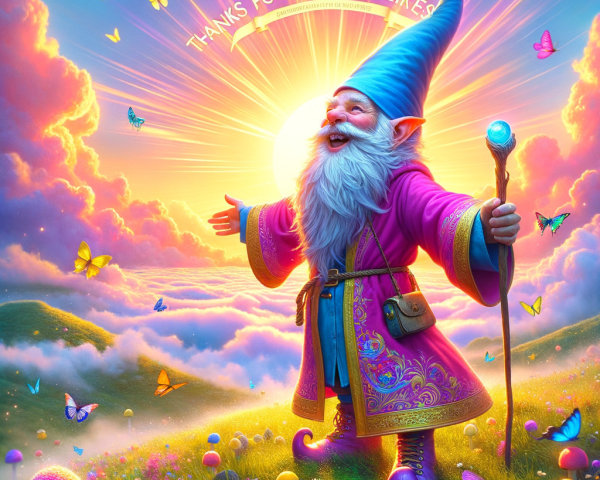 Gnome Celebrating Milestone in Whimsical Landscape