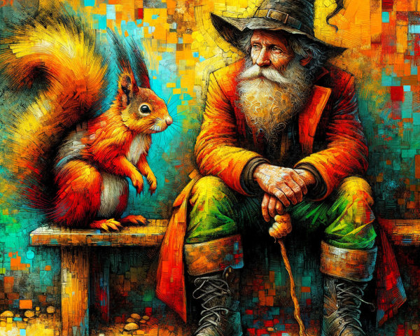 Elderly wizard and squirrel in a whimsical setting
