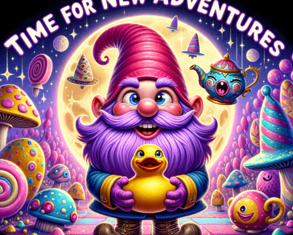 Whimsical Gnome with Rubber Duck and Colorful Mushrooms