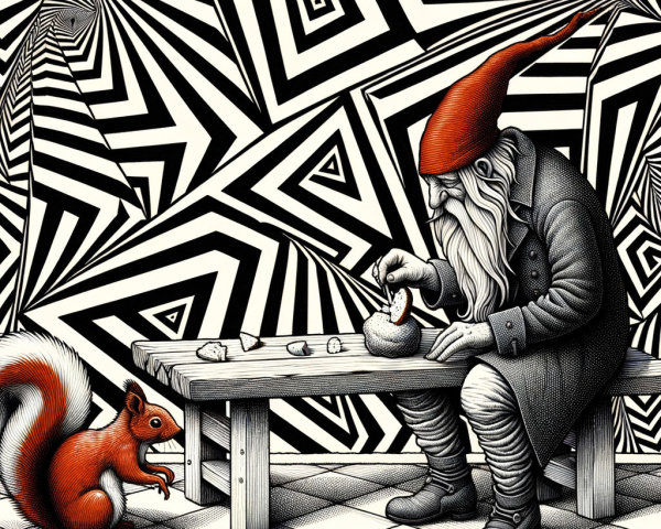 Gnome Carving Food with Squirrel in Surreal Setting
