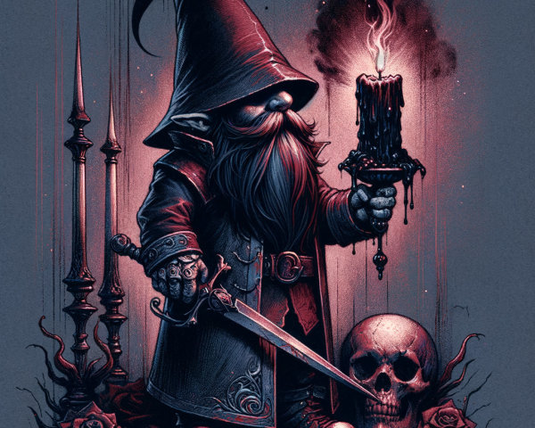 Whimsical gnome with candle and dagger in eerie setting
