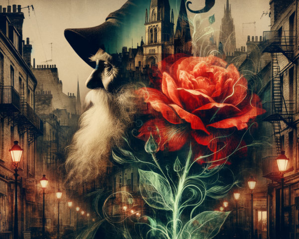 Whimsical Portrait of Bearded Figure in Mystic Cityscape