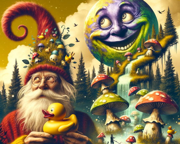 Whimsical Scene with Bearded Man and Rubber Duck