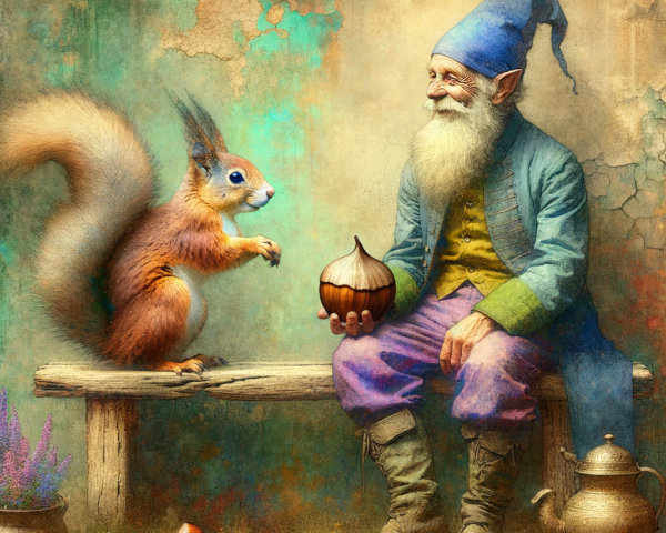 Elderly gnome and squirrel in enchanted forest scene