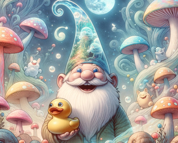 Gnome by Shimmering Pond in Enchanted Forest Scene