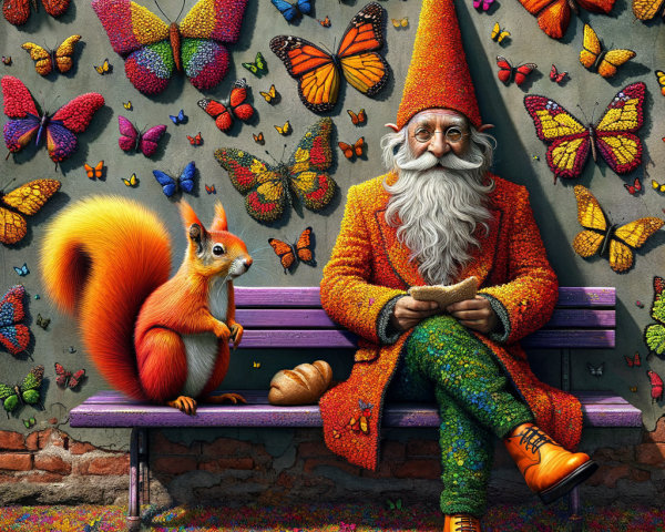 Whimsical gnome with squirrel in colorful fantasy scene