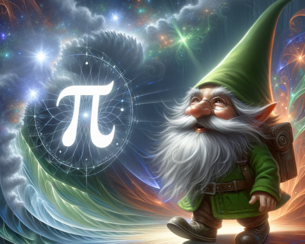 Whimsical gnome in vibrant cosmic landscape with pi symbol