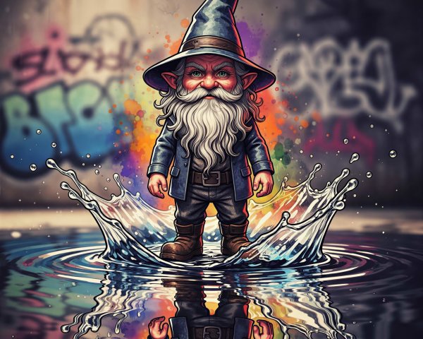 Cute Gnome Illustration in Urban Setting with Puddle