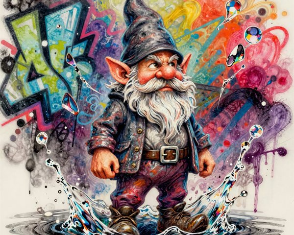 Angry Garden Gnome in Colorful Graffiti Background