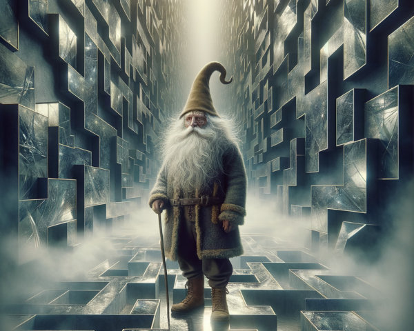 Elderly Figure in Surreal Reflective Maze Setting