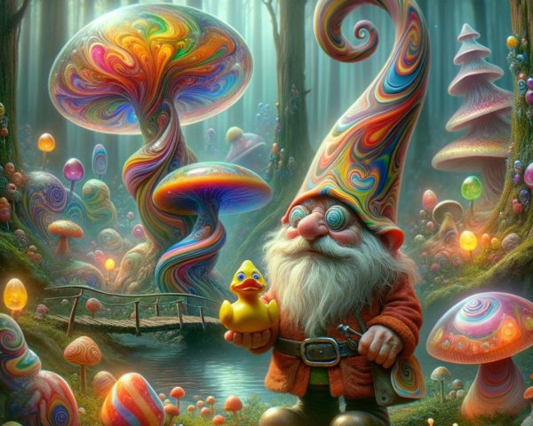 Whimsical Forest Scene with Gnome and Rubber Duck