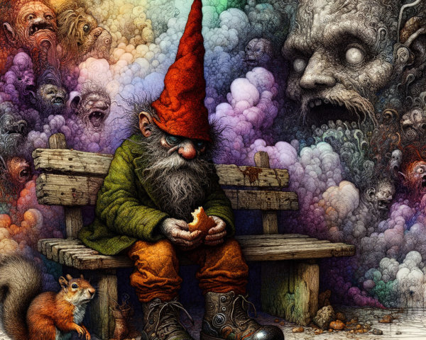 Gnome on Bench in Surreal Colorful Landscape