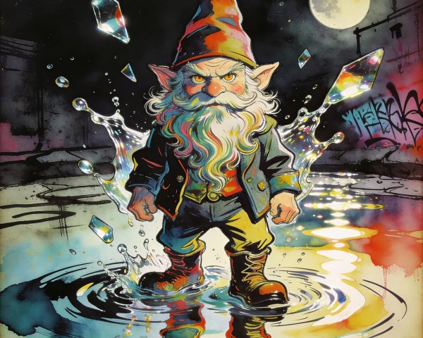 Watercolor of an angry gnome in a city setting