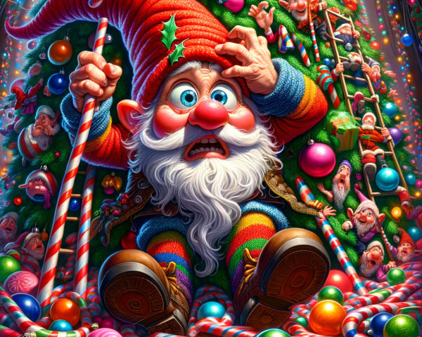 Whimsical Gnome Surrounded by Colorful Christmas Decor