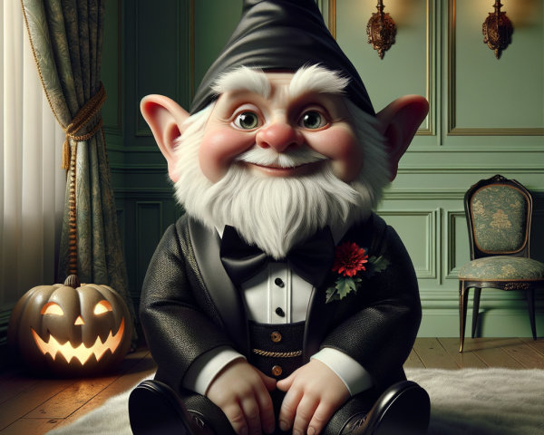 Cartoon Garden Gnome in Tuxedo in Vintage Room