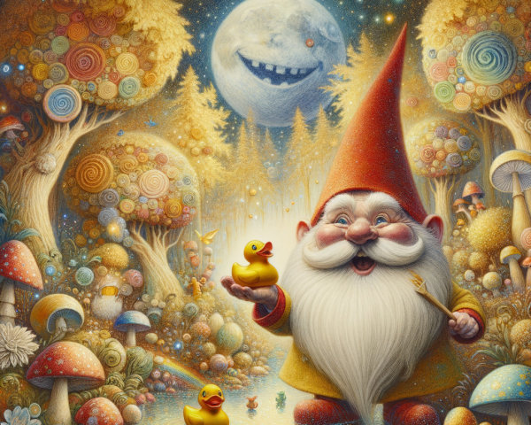 Whimsical Gnome in Vibrant Enchanted Landscape