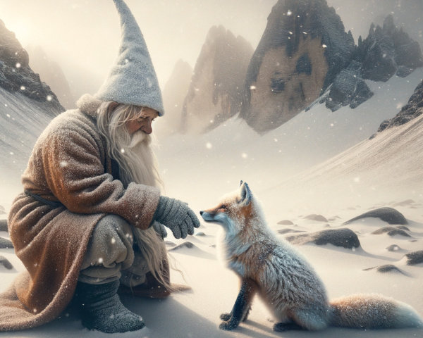 Winter Scene of Old Man and Fox in Snowy Landscape