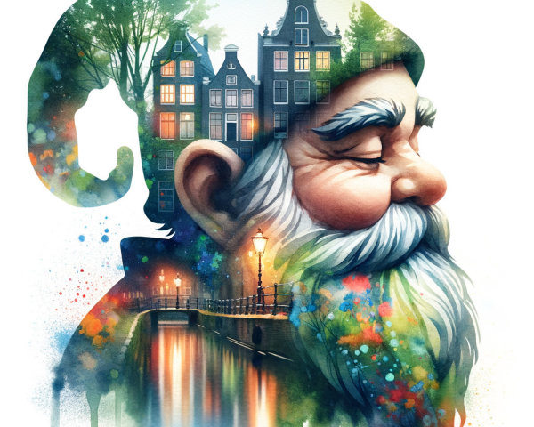 Profile of a Bearded Man with Amsterdam Watercolor Scene